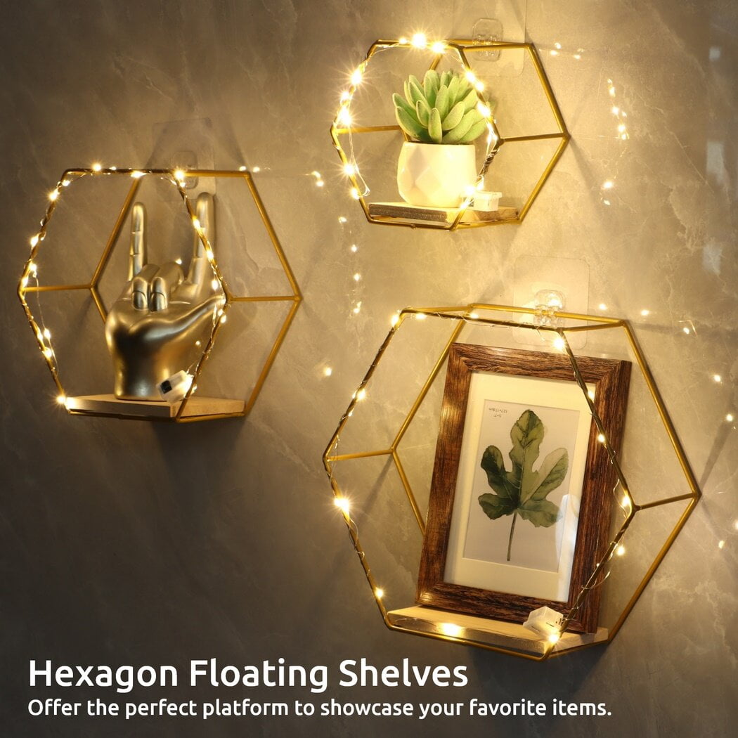 3Pcs Hexagon Floating Shelves with LED Light Strip, Modern Wall Mounted Metal Storage Shelves with Wooden Base, Wall Decor for Home Living Room Bedroom Bathroom
