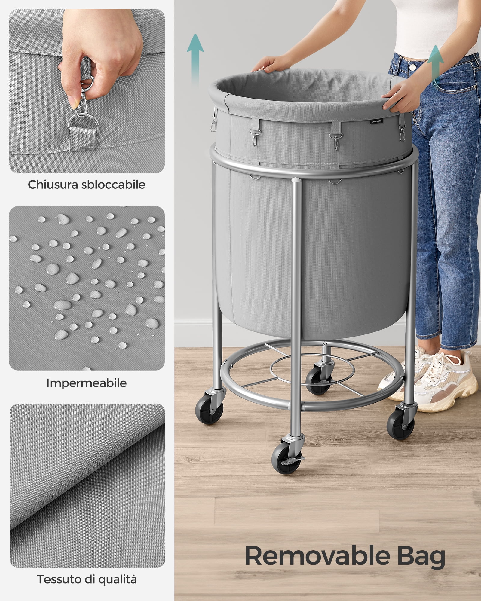 29Gal Round Laundry Sorter Laundry Hamper with Wheels Rolling Laundry Cart with Removable Bag for Laundry Room Gray and Silver