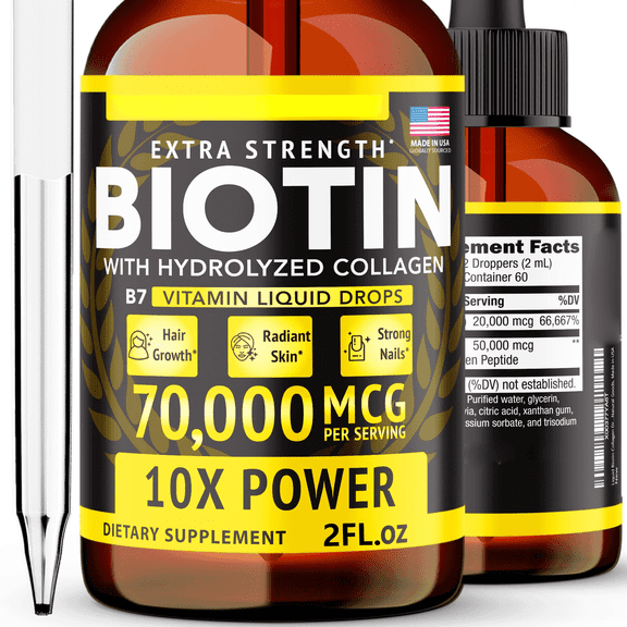 Liquid Biotin and Collagen 60,000 mcg Hair Growth Vitamin Drops - Brightens Skin, Strengthens Nails - Highly Effective Hair Loss Supplement for Damaged Hair, Suitable for Men and Women (2 oz)
