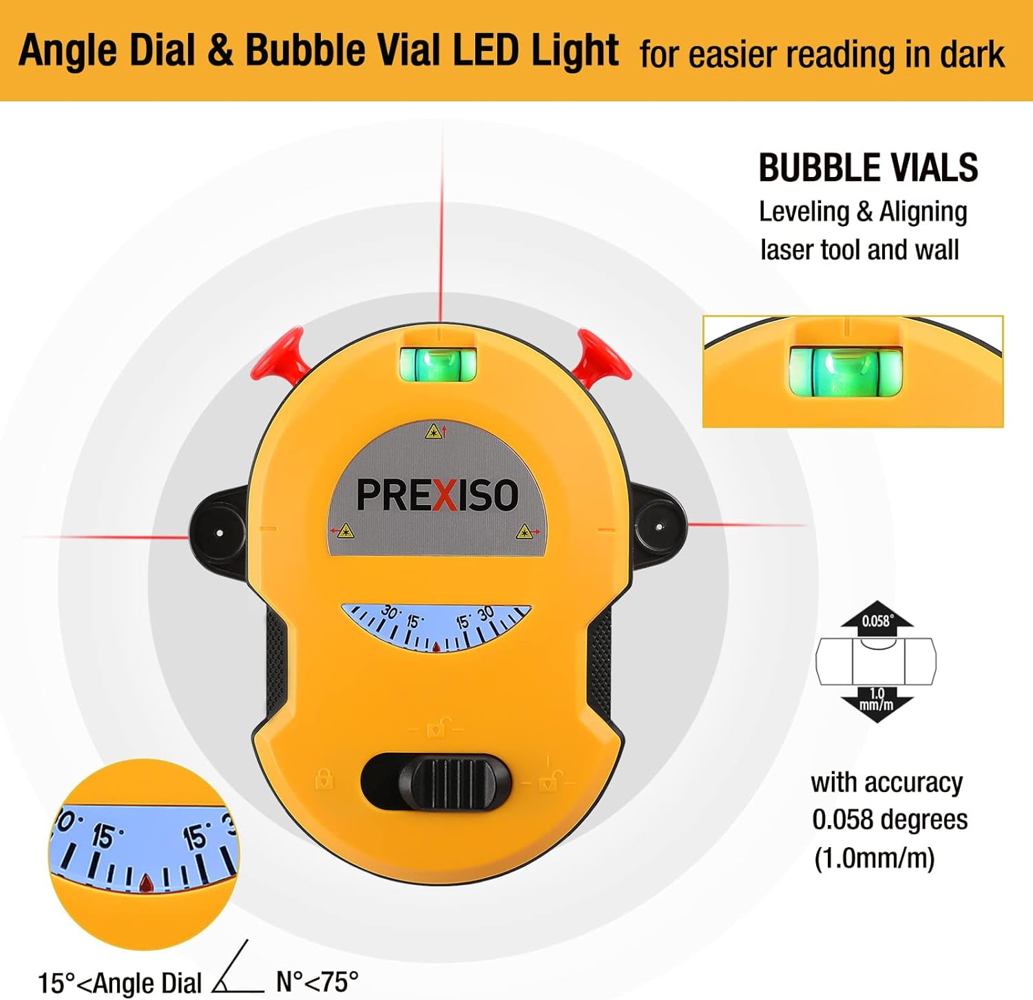 PREXISO Multi Surface Laser Level LED Light Vial, 30Ft Horizontal & Vertical Line Laser with Wall Mount Base, 2 Pins, 10 Sticker, 2 AA Batteries