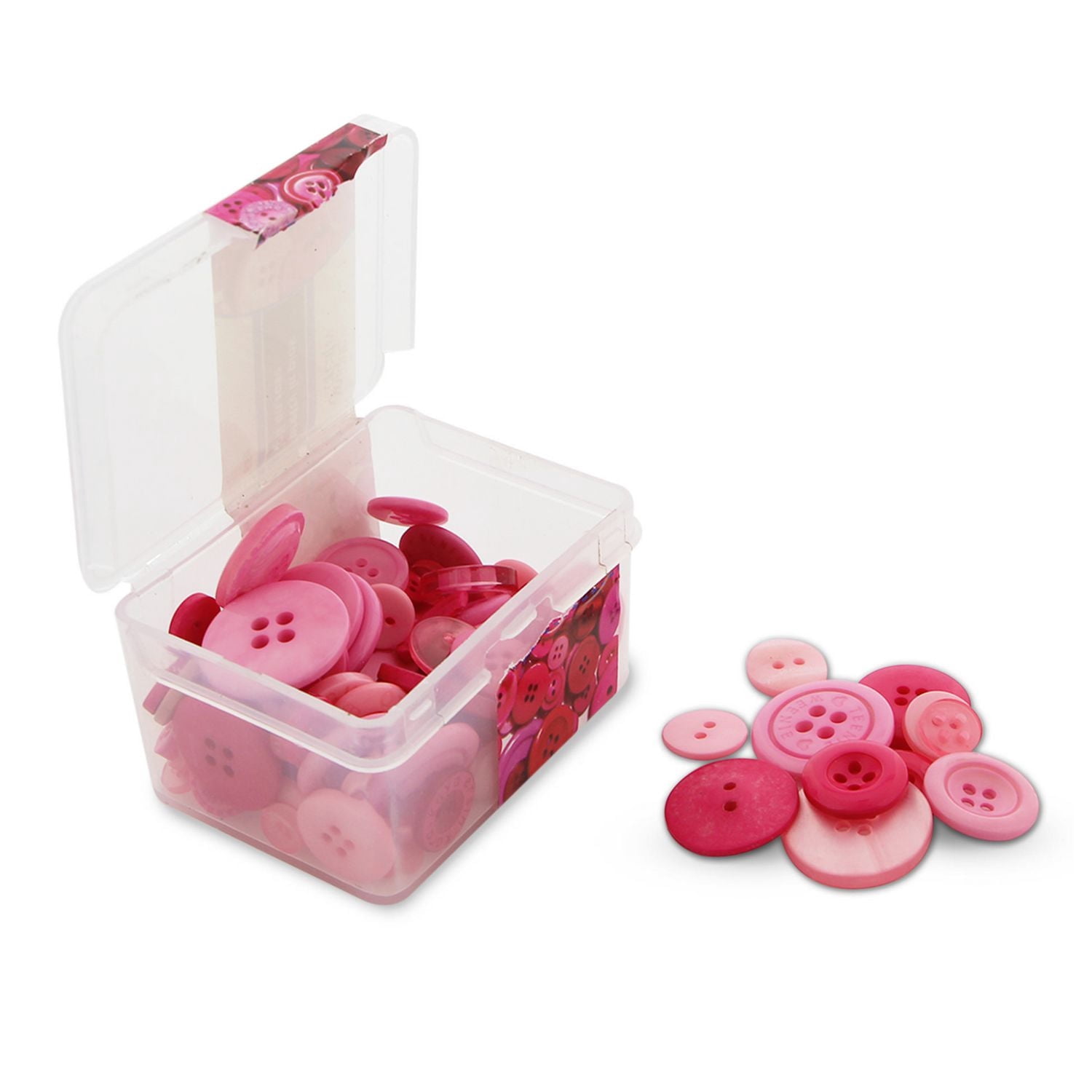 UNIQUE Creativ Boîte de boutons, rose — formats assortis, 65 g (boîte transparente réutilisable)