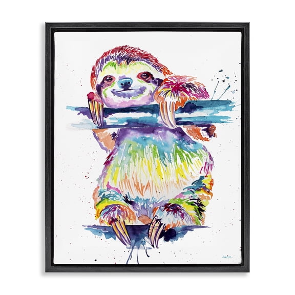 Stupell Industries Bohemian Fun Rainbow Sloth Wildlife Black Floating Frame Canvas Art, 17 x 21, by Jen Seeley