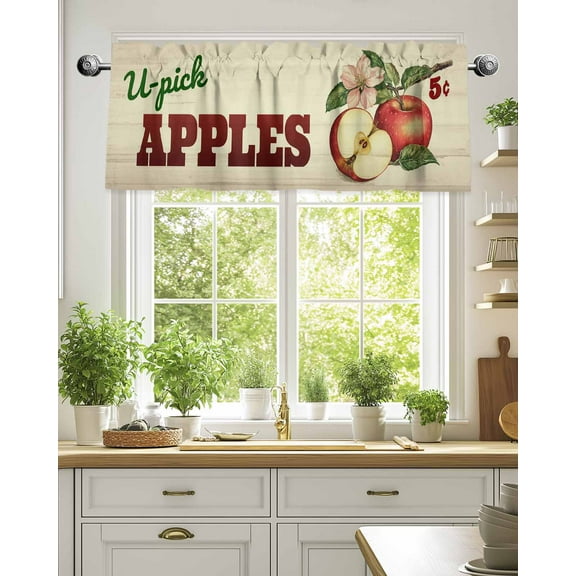 Curtain Valance for Windows,Red Apples Farm Fruit Kitchen Valances Rod Pocket Short Curtains,Vintage Flower Leaves Window Treatment Panel for Bedroom Bathroom 42"x18"