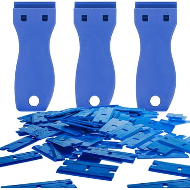 Scraper Set with 100 Piece Double Edge Plastic Razor Blades and (3) Scraper Tool Utility Knife Holders for Glass, Removing Labels, Stickers and Detail Window Film Graphics