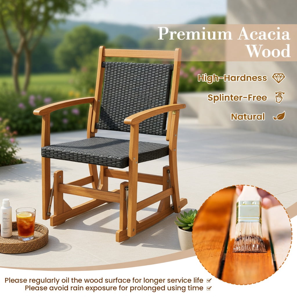 Hommoo Outdoor Glider Chair with PE Rattan Seat & Back, Acacia Wood Frame, Mixed Wicker Patio Rocking Chair for Backyard, Balcony, Poolside, Brown
