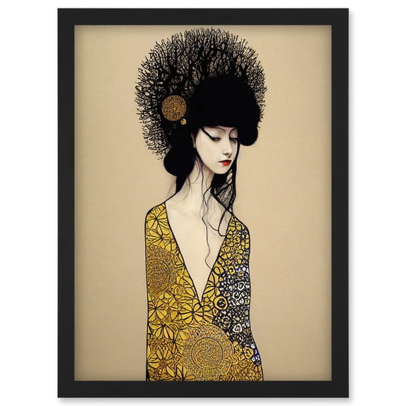 The Goddess in Gold Black Klimt Style Robe Artwork Framed Wall Art Print A4