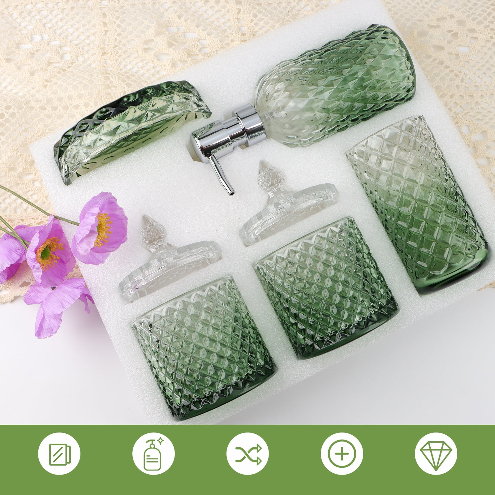 Bathroom Soap Dispenser Set, 5-Piece Glass Bathroom Accessories, Modern Bathroom Decor, Bathroom Glass Accessories Set, Gradient Green