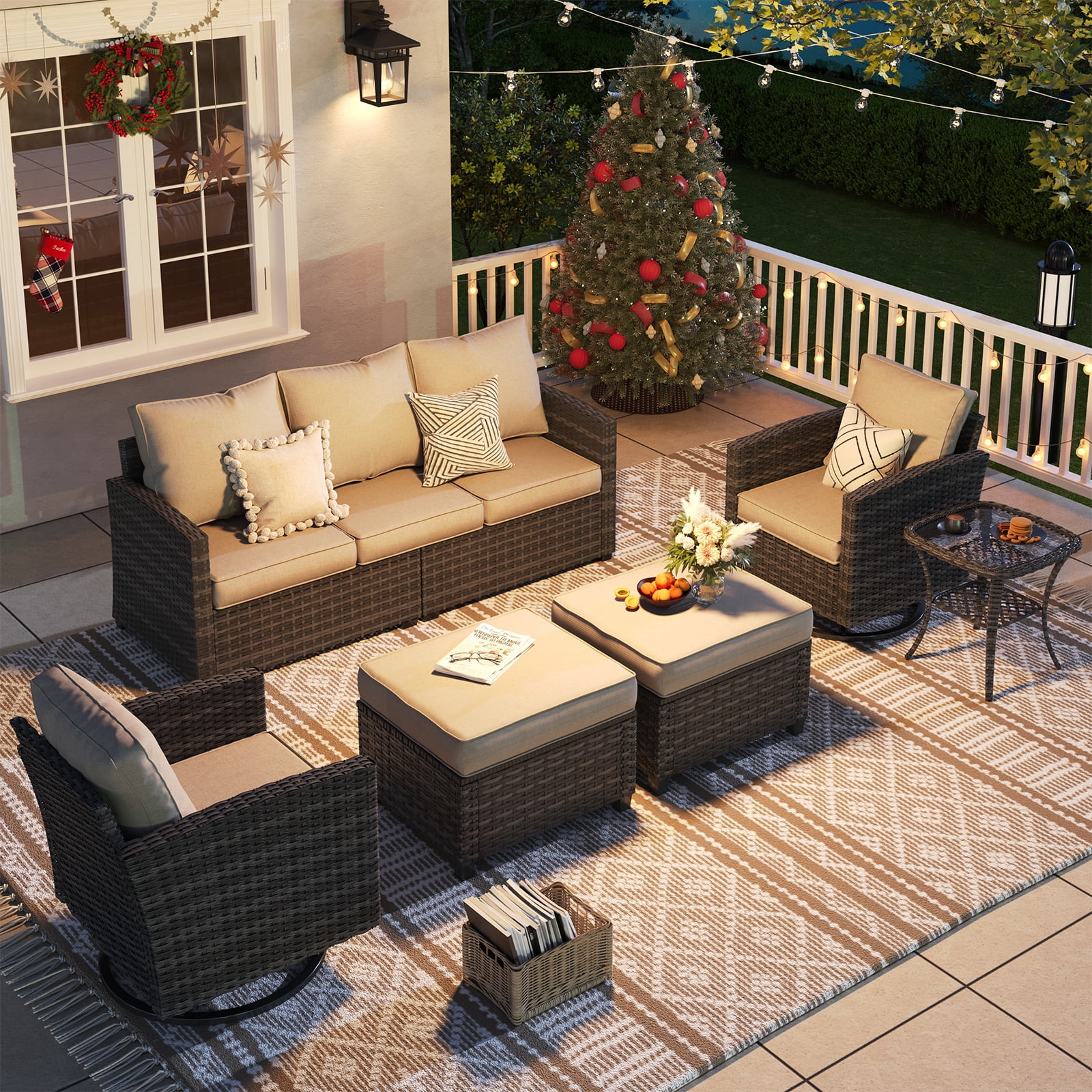 ELPOSUN Patio Furniture Set, 6 Pieces Outdoor Patio Set, All-Weather Wicker Rattan Outdoor Furniture Set with Swivel Chairs for Poolside, Backyard, Gray Wicker Khaki Cushions