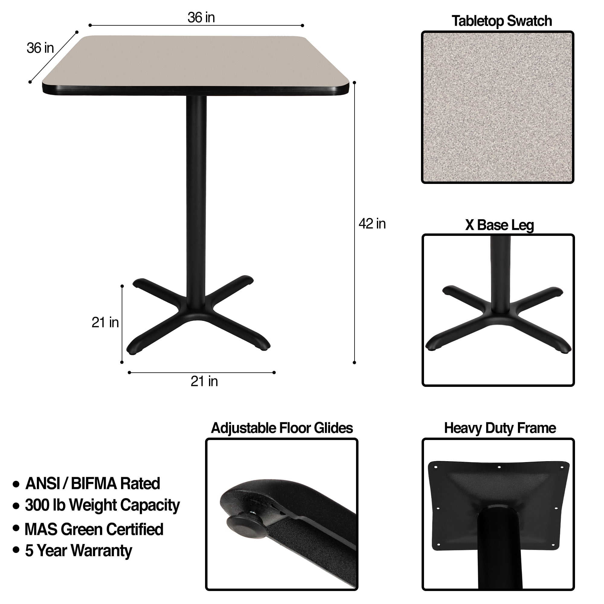 Hampden Furnishings Bennet Collection Steel Frame 36" Square Top Cafe Table with X Base, 42" Height, Black Frame and Grey Nebula Top