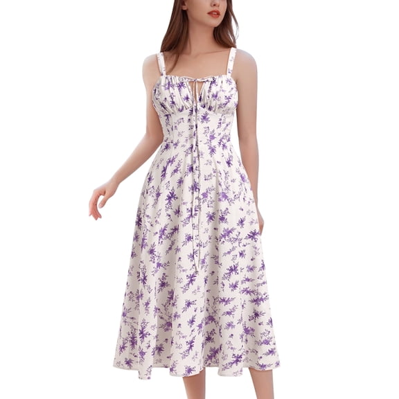 IDOPIP Women Floral Corset Spaghetti Strap Casual Sundress 2026 Summer Boho Flowy Midi Slit Dress
