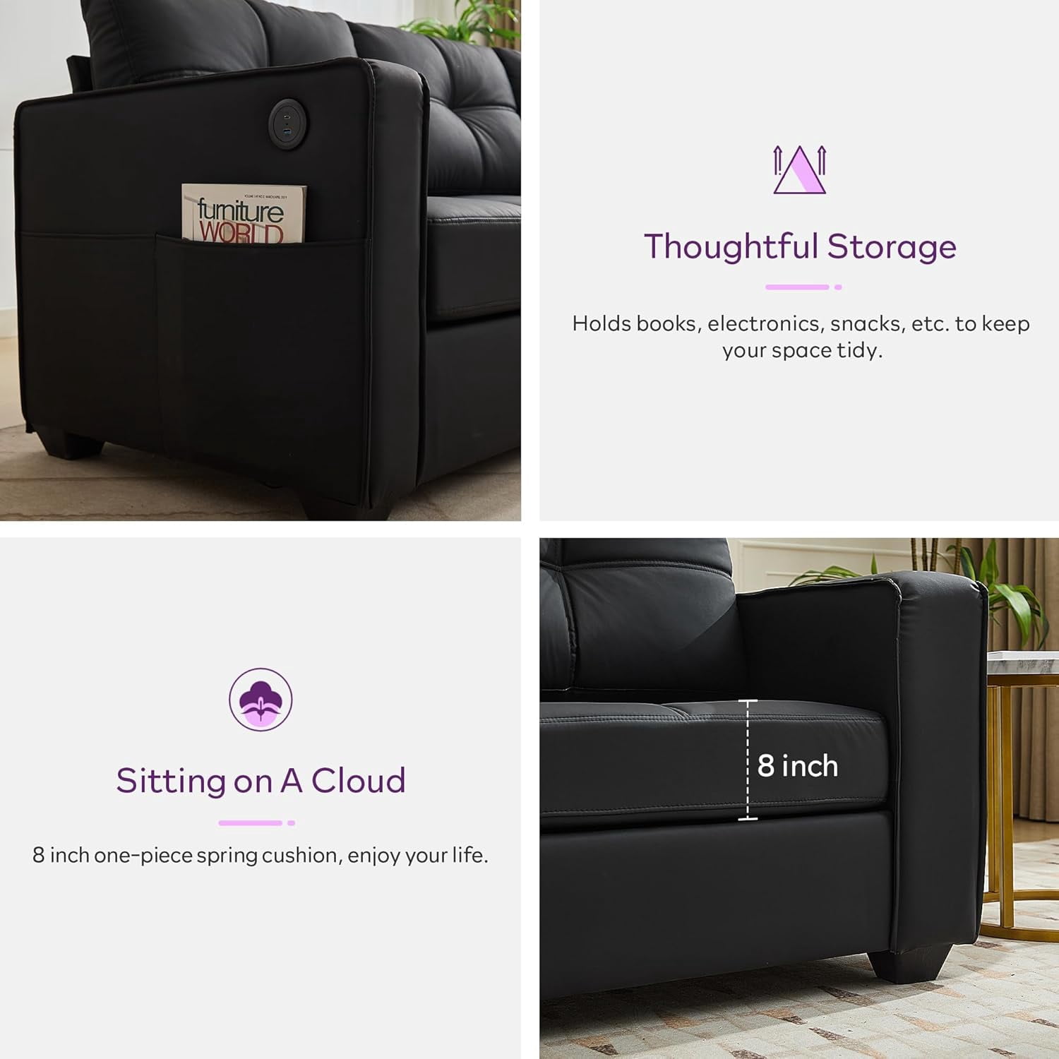 AODAILIHB 88" W Faux Leather L Shaped Sectional Sofa, Modern Comfy Modular Office Small Couch w/USB Charging Ports and Wide Arms, Black