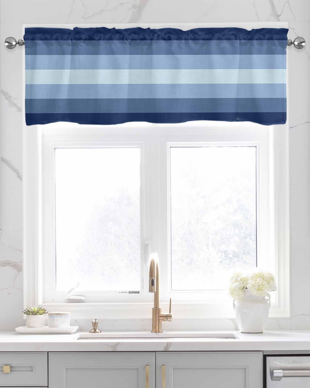 Navy Blue Ombre Linen Curtain Valance for Bedroom/Bathroom/Kitchen/Office/Living/Dining Room Window,Gradient Navy Blue Woods Farmhouse Rod Pocket Topper Decorative Cafe Drapes Panel 60"x18"