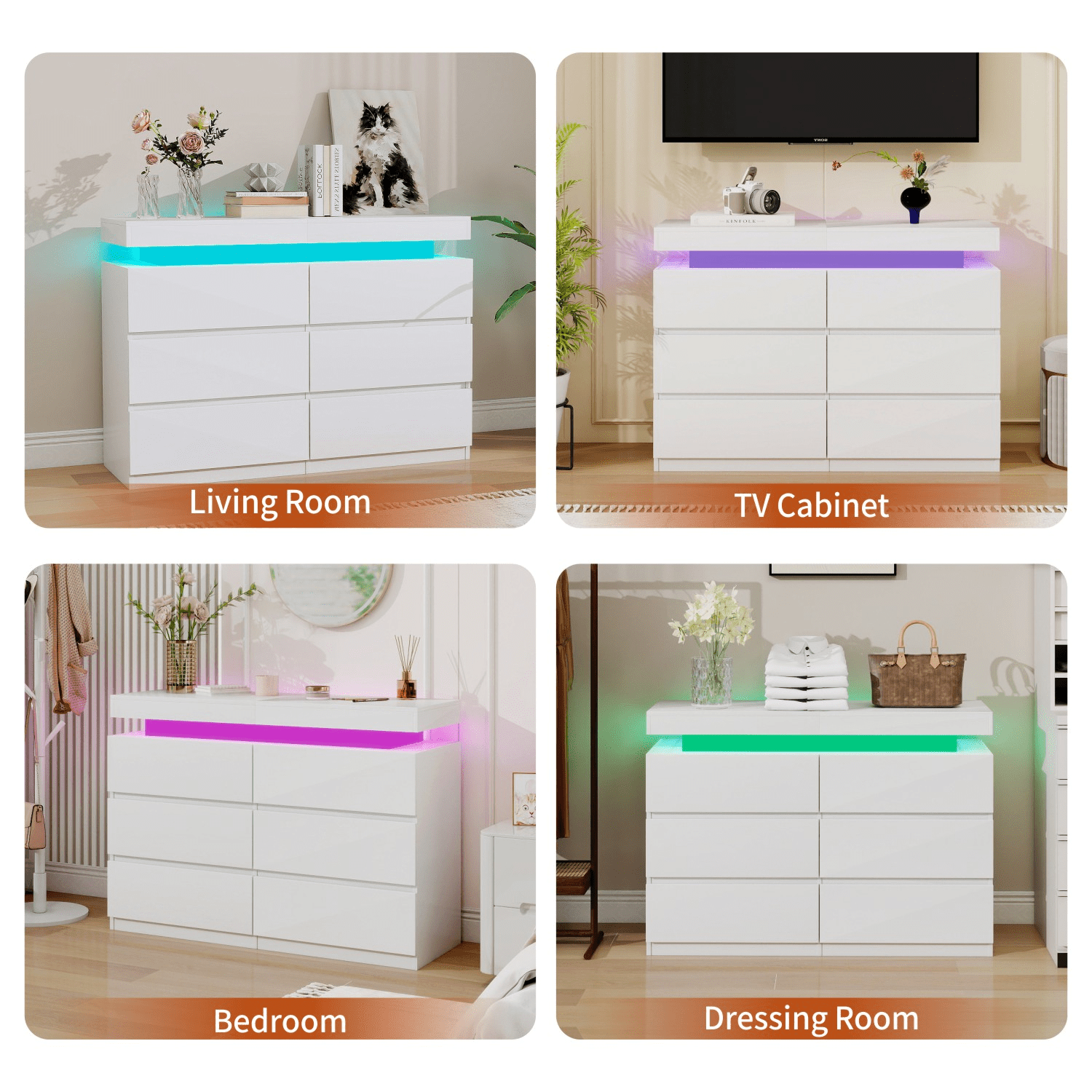 White 6 Drawer Dresser with Sliding Top, LED Lights & Charging Station - Spacious Chest of Drawers for Bedroom, Entryway, or Hallway Storage
