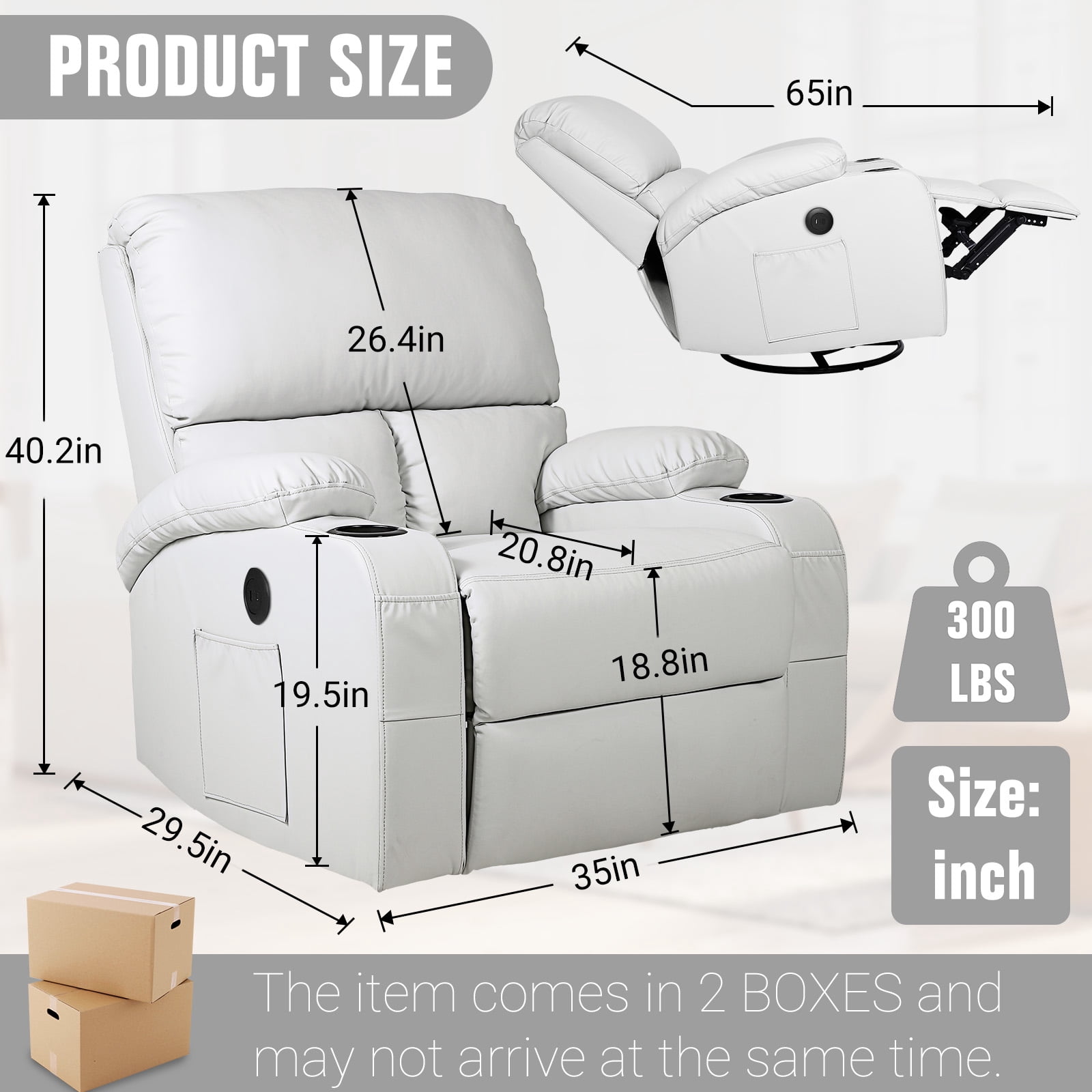 Rocking Recliner Chair, Massage Rocker Recliner Chair with Vibration Massage and Heat, USB and Type-C Ports,360° Swivel Faux Leather Chairs, Living Room, Bedroom, Nursery, RV, Light Grey
