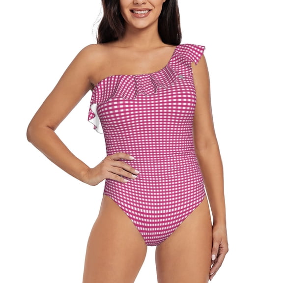 Rateoe Pink Gingham Pattern Women One Piece Swimsuits Tummy Control One Shoulder Bathing Suits Ruffle Swimwear-