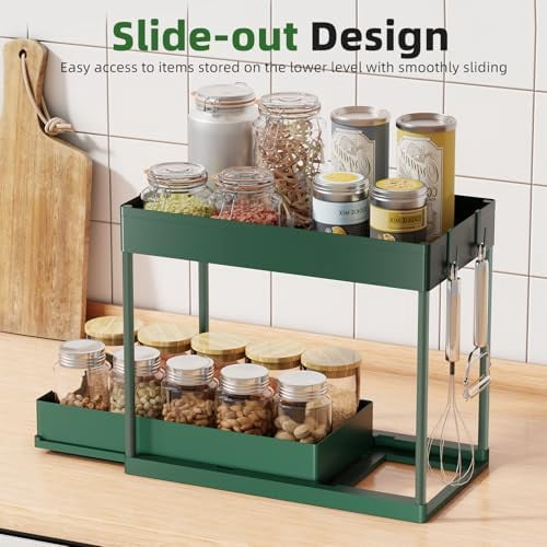Under Sink Organizer 2 Pack, Sink Pull-Out Sliding Storage Cabinet, 2-Tier Under Shelf Organizer for Kitchen Bathroom, Green