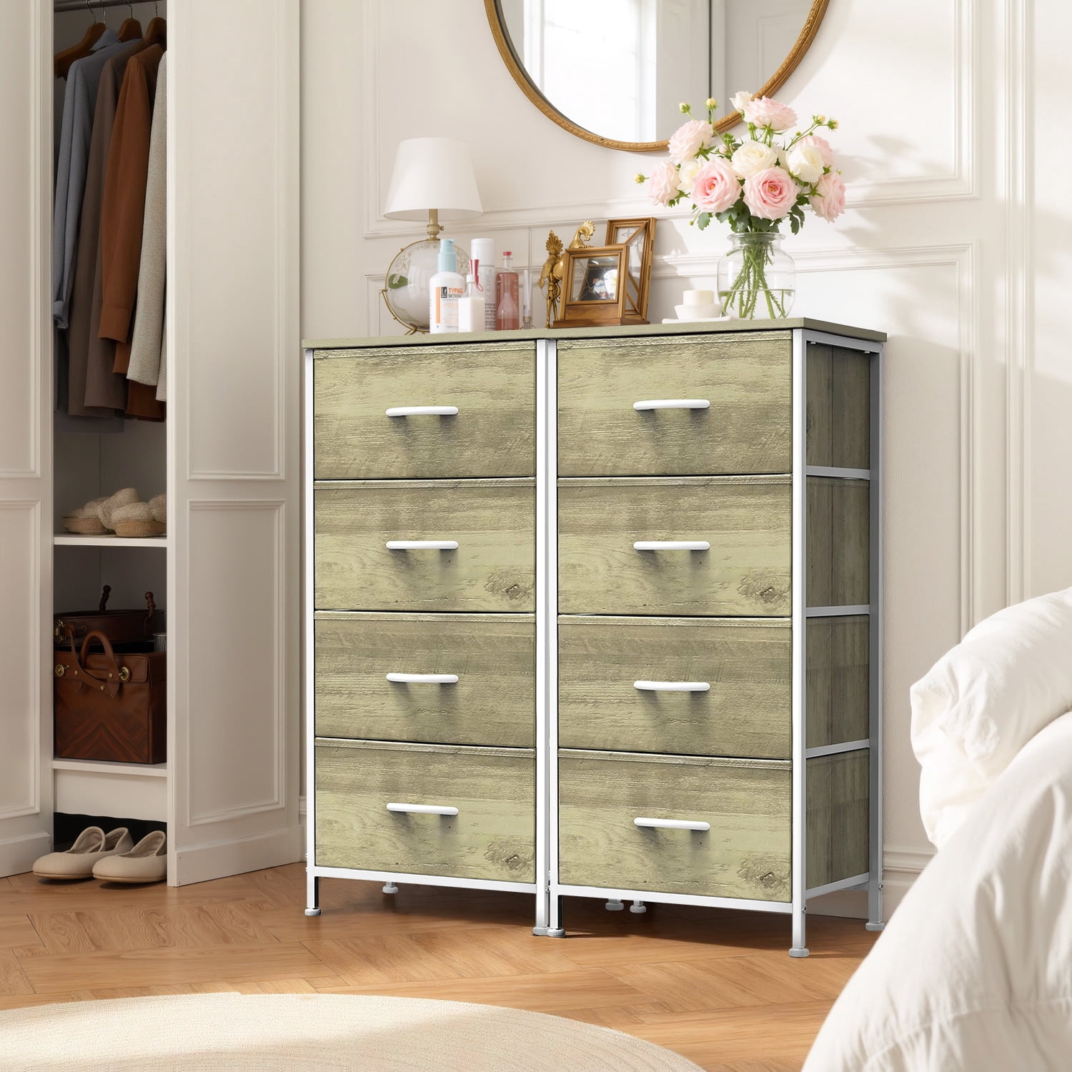 Beddle Dresser with 4 Fabric Drawers for Bedroom, Wide Storage Chest with Drawer Organizer for Closet or Living Room, Oatmeal