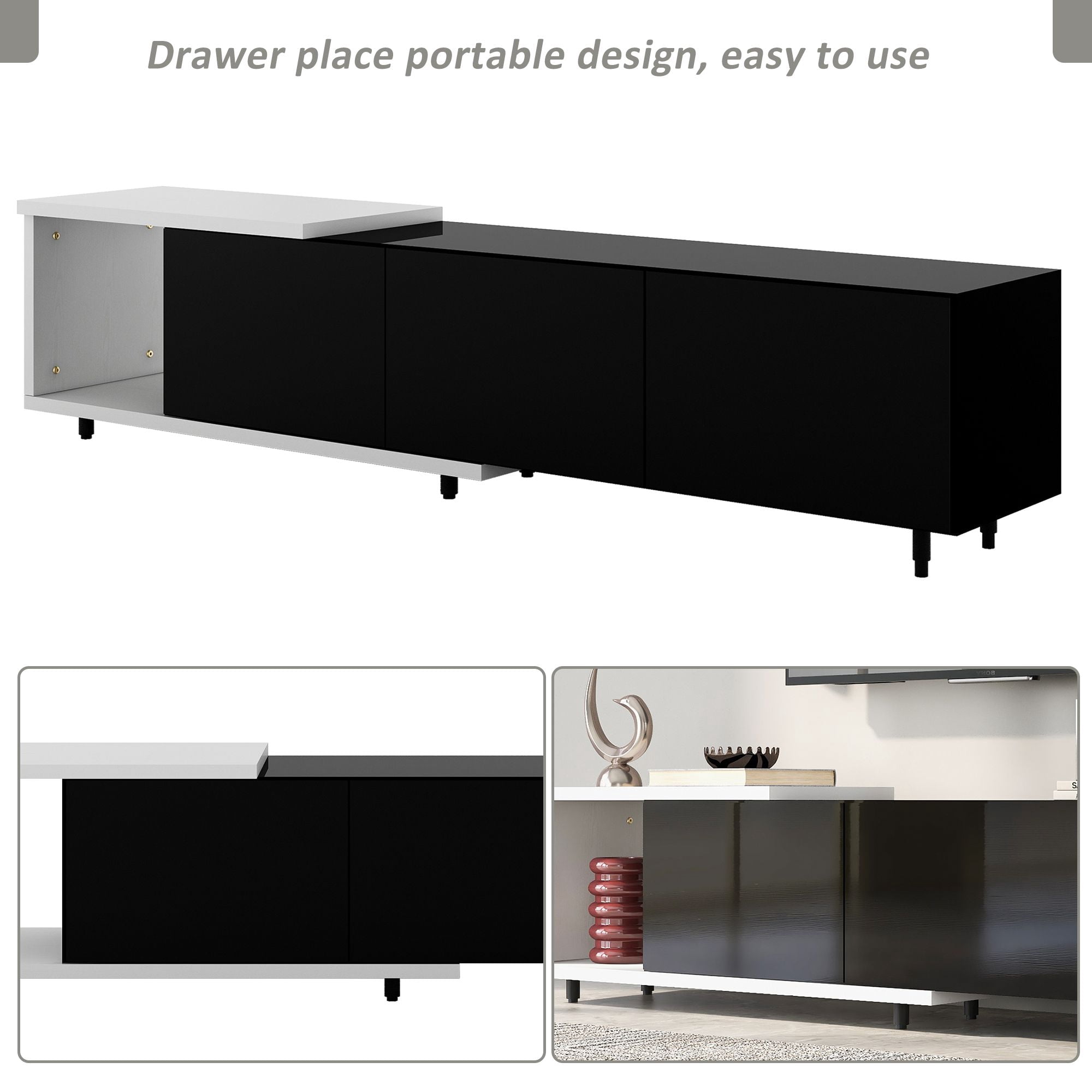Aukfa TV Stand with 3 Large Drawers for TVs up to 80" - Black