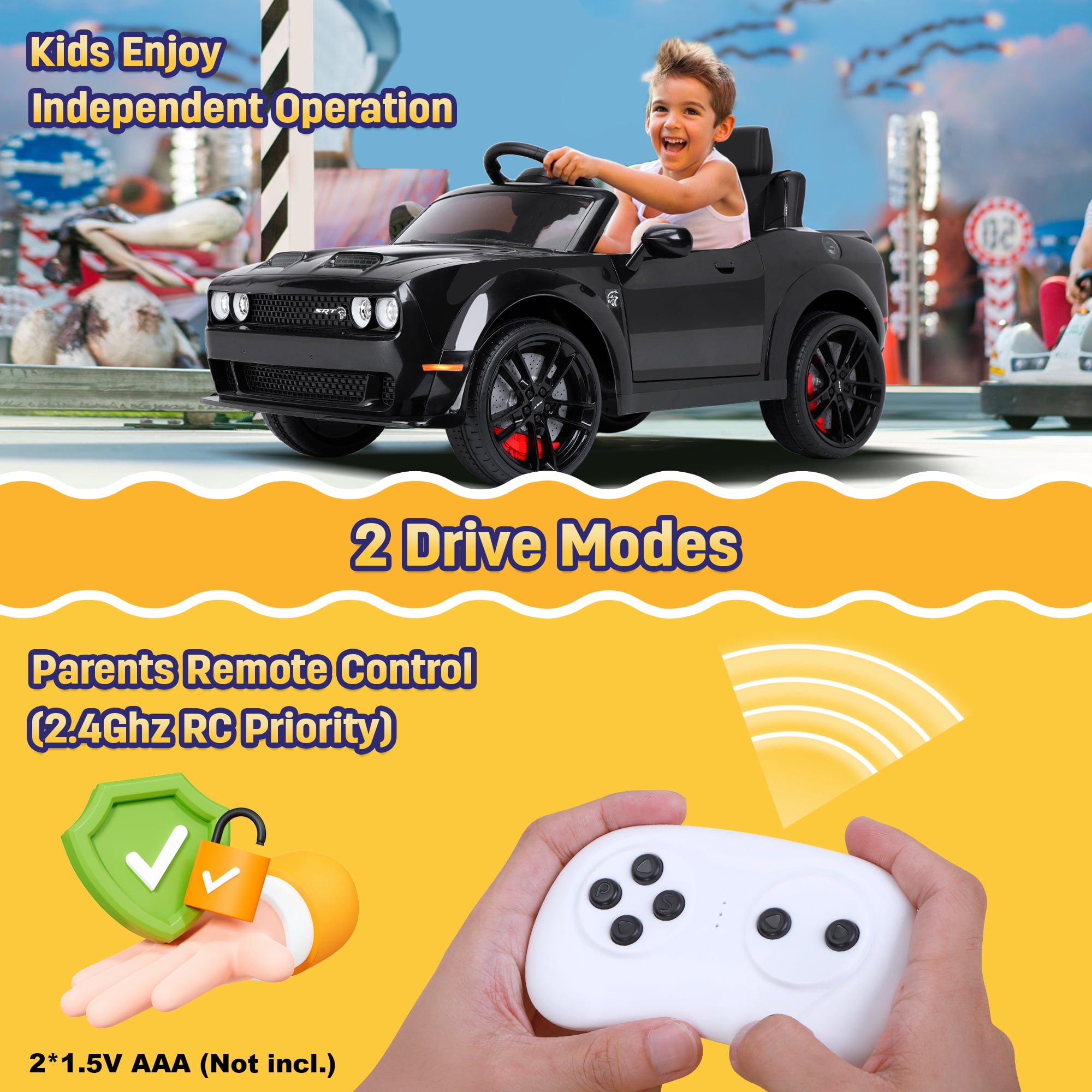 Dodge Challenger SRT Kids Ride on Car,Wisairt 12 V Battery Powered Electric Vehicle w/ Remote Control,Bluetooth,LED Lights(Black)