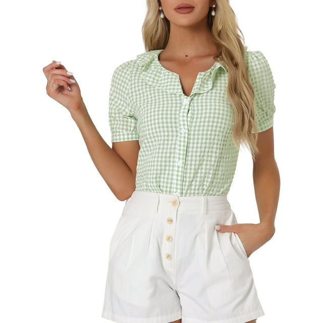 CAMISAS DE MUJER INSPIRE CHIC CON CUELLO PETER PAN, MANGAS CORTAS CON VOLANTES, ESTAMPADO A CUADROS, TALLA S, VERDE CLARO