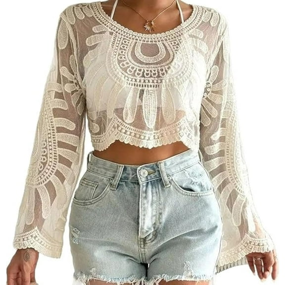 Women's Floral Embroidered Semi-Sheer Cover Up Cute Beach Long Sleeve Round Neck Floral Lace Beach Vacations