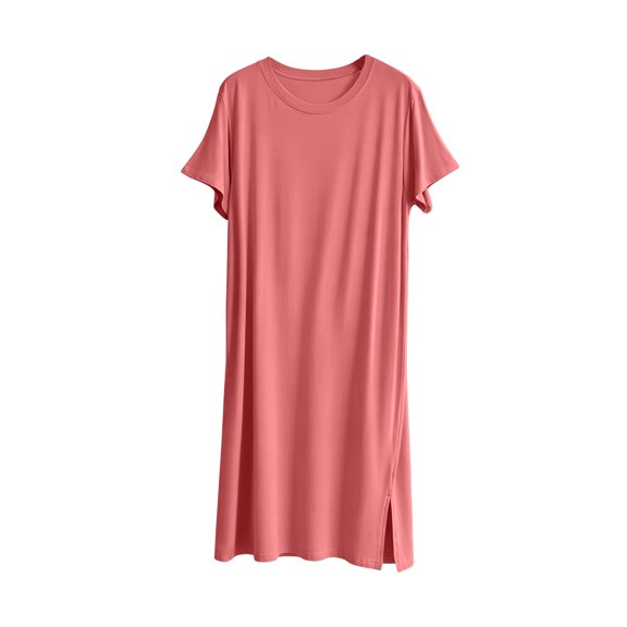 Lenpel Nightgowns for Women Crew Neck Short Sleeve Midi Sleepwear Casual Pullover Comfy Side Split Pajama Dresses