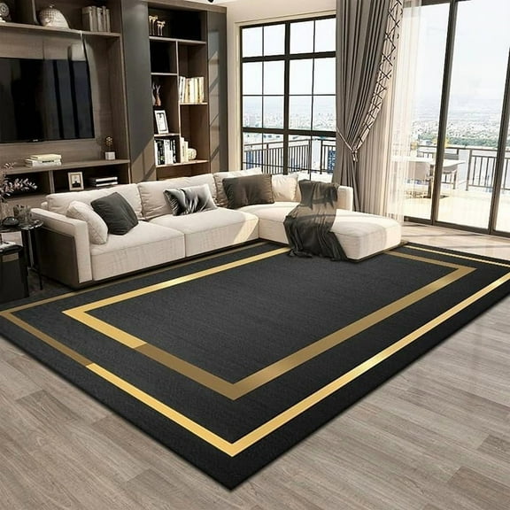 Modern Light Luxury Black Gold Frame Area Rug for Bedroom, Washable Living Room Rug,Soft Accent Rugs for Entryway,Non-Slip Non-Shedding Low-Pile Floor Carpet 2x3ft
