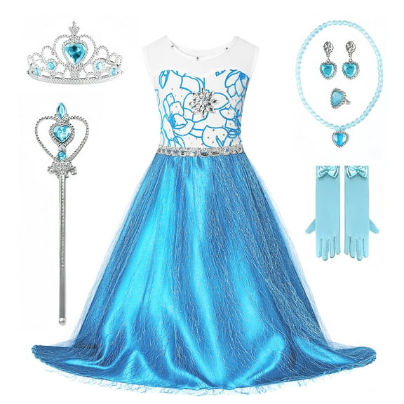ZOEREA Girl's Princess Blue Dress-Frozen Princess Tulle Dress with Wand,Tiara,Earing,Necklass&Gloves.6Pcs 4-12Y Kids Custome Set