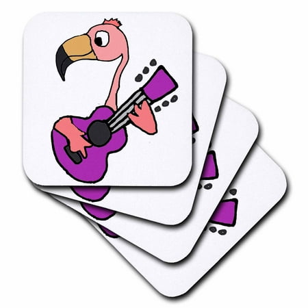 - 3dRose Funny Cute Pink Flamingo Bird Playing Purple Guitar - Soft Coasters, set of 4