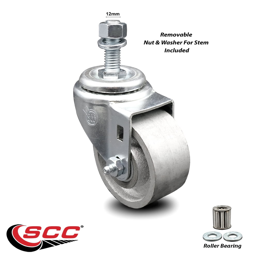 Semi Steel Swivel Threaded Stem Caster w/Roller Bearing - 3" Wheel & 12MM Stem