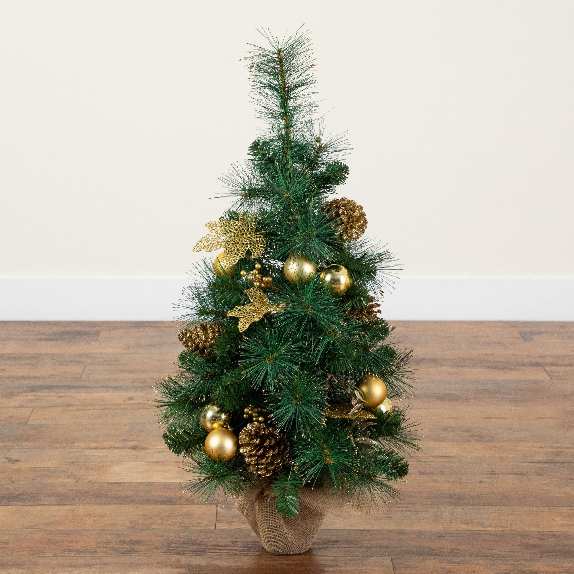 3ft. Artificial Pre-Lit Christmas Tree with Gold Ornaments & Pinecones and 50 LED Lights in Jute Wrapped Base