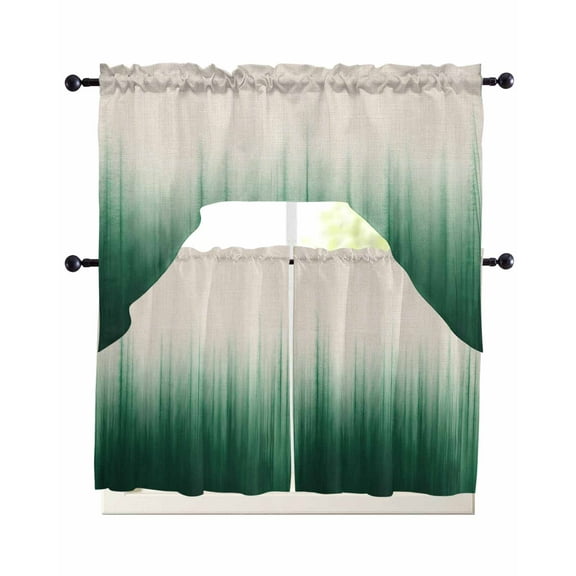 Green Ombre Stripe Kitchen Curtains Swag Valance and Tier Curtains Set 24 Inch Length, Abstract Art Modern Gradient Beige Rod Pocket Drape Panels Pair Swag Curtain for Bathroom/Cafe/Window