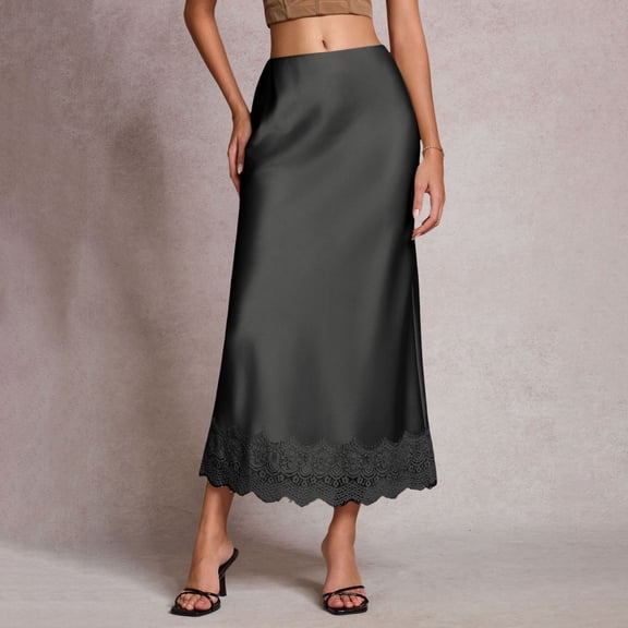 KANG Fashion Women's Elegant European Style Satin Lace Patchwork Skirt High Waist Elastic Waistband Flowy A-Line Midi Length Soft Smooth Fabric Casual Party Wear Black S