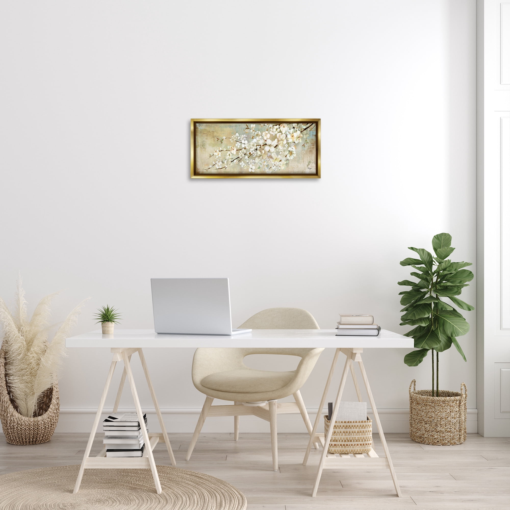 Stupell Industries Blooming Flower Tree Branch Painting Botanical & Floral Painting Gold Floater Framed Canvas Art Print Wall Art, 25 x 11