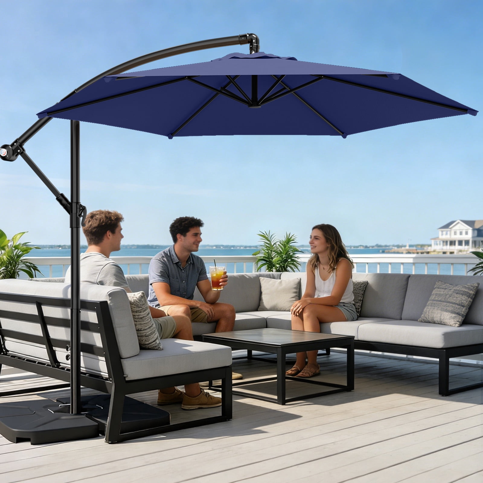 Easthome 10ft Offset Hanging Market Patio Umbrella for Backyard, Poolside, Lawn and Garden w/Easy Tilt Adjustment, Polyester Shade, 6 Ribs - Navy