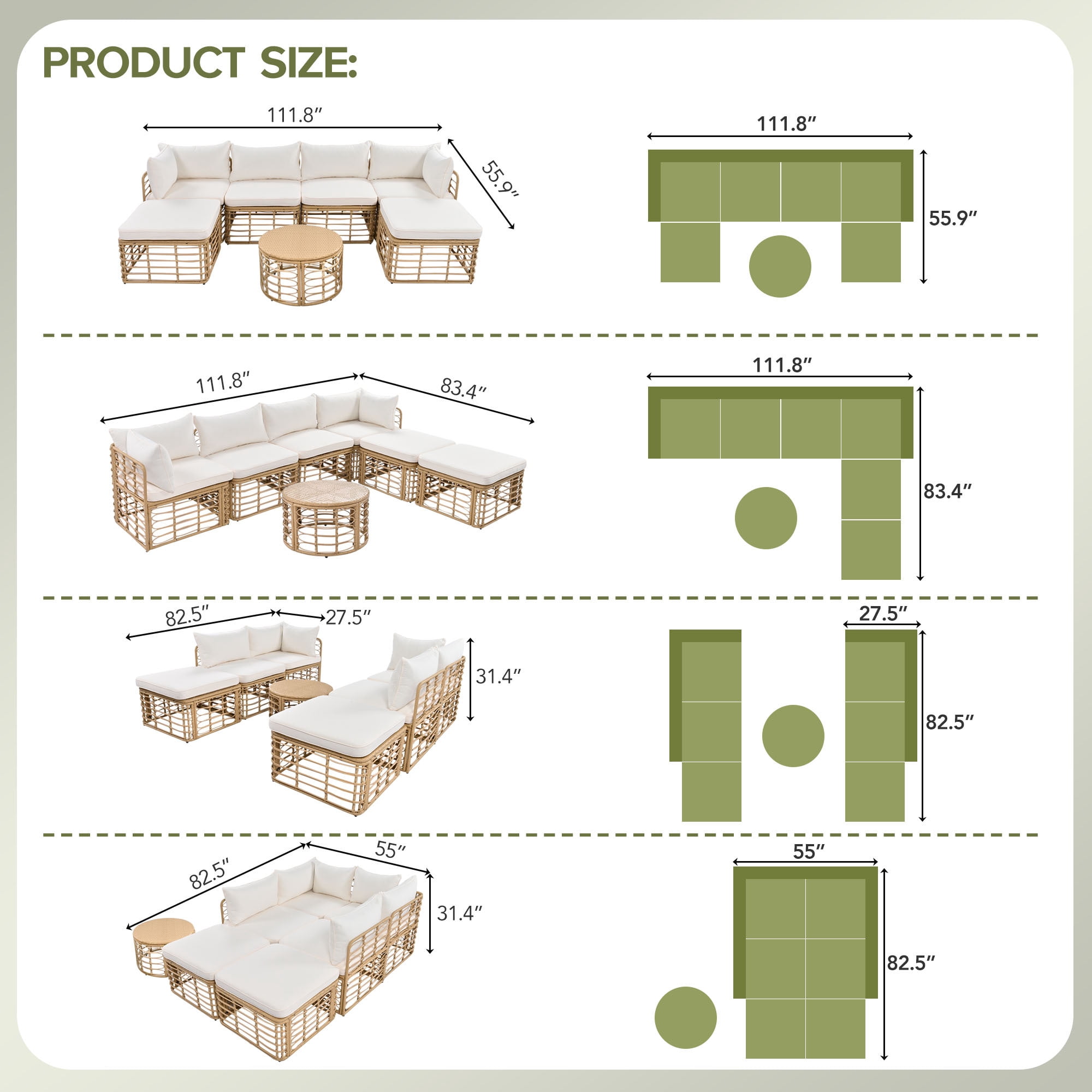 Leumius 7 Pieces Outdoor Patio Furniture Set,All-Weather Rattan Sectional Sofa Set with Thick Cushions and Pillows,Freely Combined Outdoor Conversation Sets for Garden,Backyard,Balcony,Beige