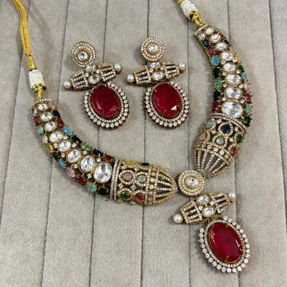 Multicolor Kundan Necklace Set with Bold Red Stone | Antique Gold Bridal Jewelry with Earrings | Traditional Indian Statement Set