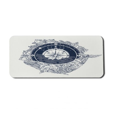 Adventure Computer Mouse Pad  Antique Marine Compass and Floral Whale Victorian Vintage  Rectangle Non-Slip Rubber Mousepad X-Large  35  x 15  Gaming Size  Dark Blue White  by Ambesonne