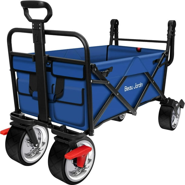 Beau Jardin Folding Wagon Cart With Brakes Free Standing Collapsible Utility Camping Grocery Canvas Fabric Sturdy Portable Rolling Buggies Outdoor Garden Sport Heavyduty Shopping Cart Push Wagon Blue Walmart Com Walmart Com
