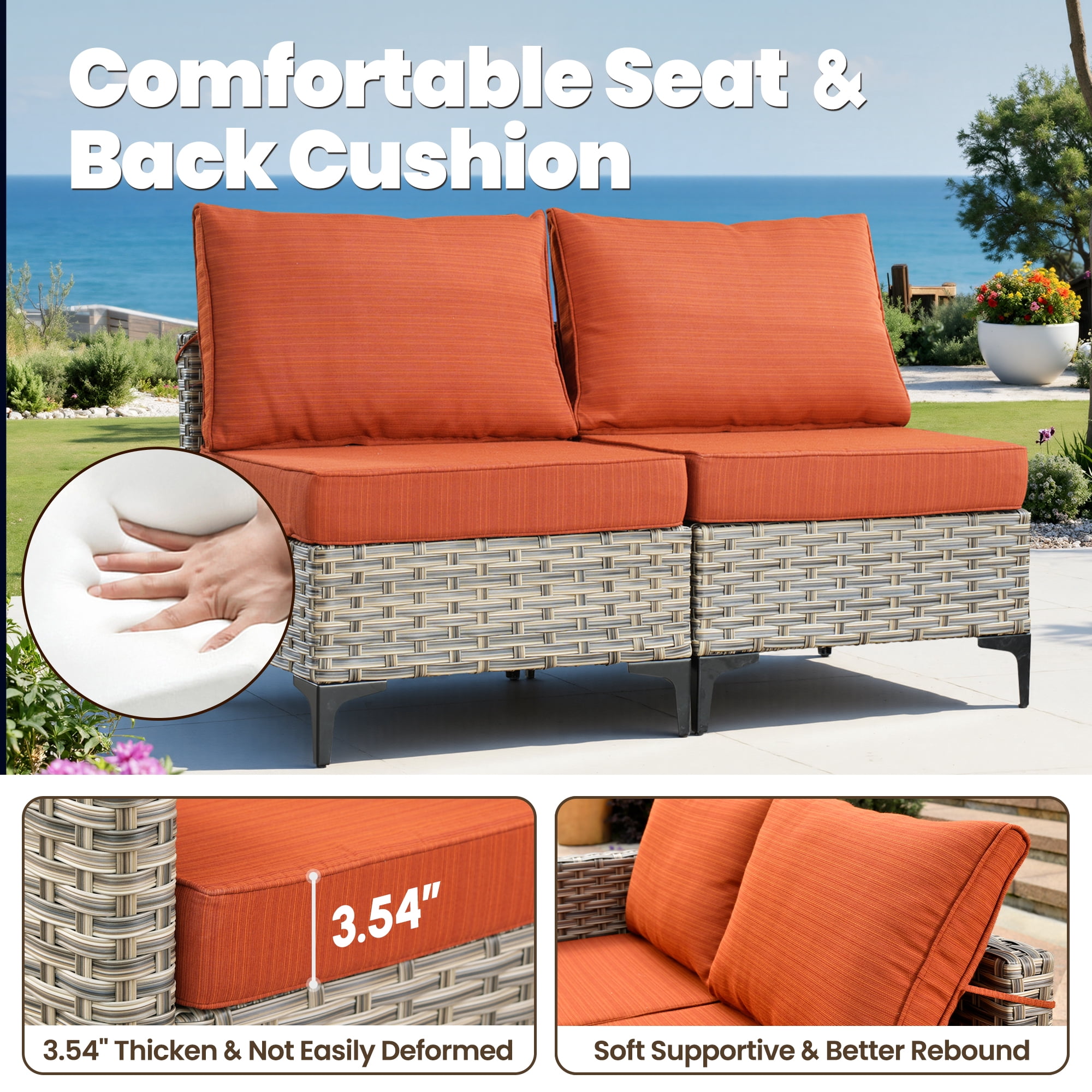 Vcatnet Outdoor Patio Furniture Sets 8 Pieces Sectional Sofa Wicker Conversation Set with Swivel Glider Chairs and Solar Powered Coffee Table for Porch, Deck, Orange Red