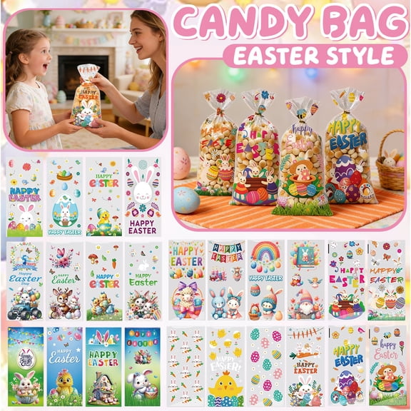 Easter Treat Bags: 50pcs Clear Easter Cellophane Bags for with Twist Ties for Party Supplie Goodies Candy Cookies and Gift Wrappings, 4 Style for Age 5 A