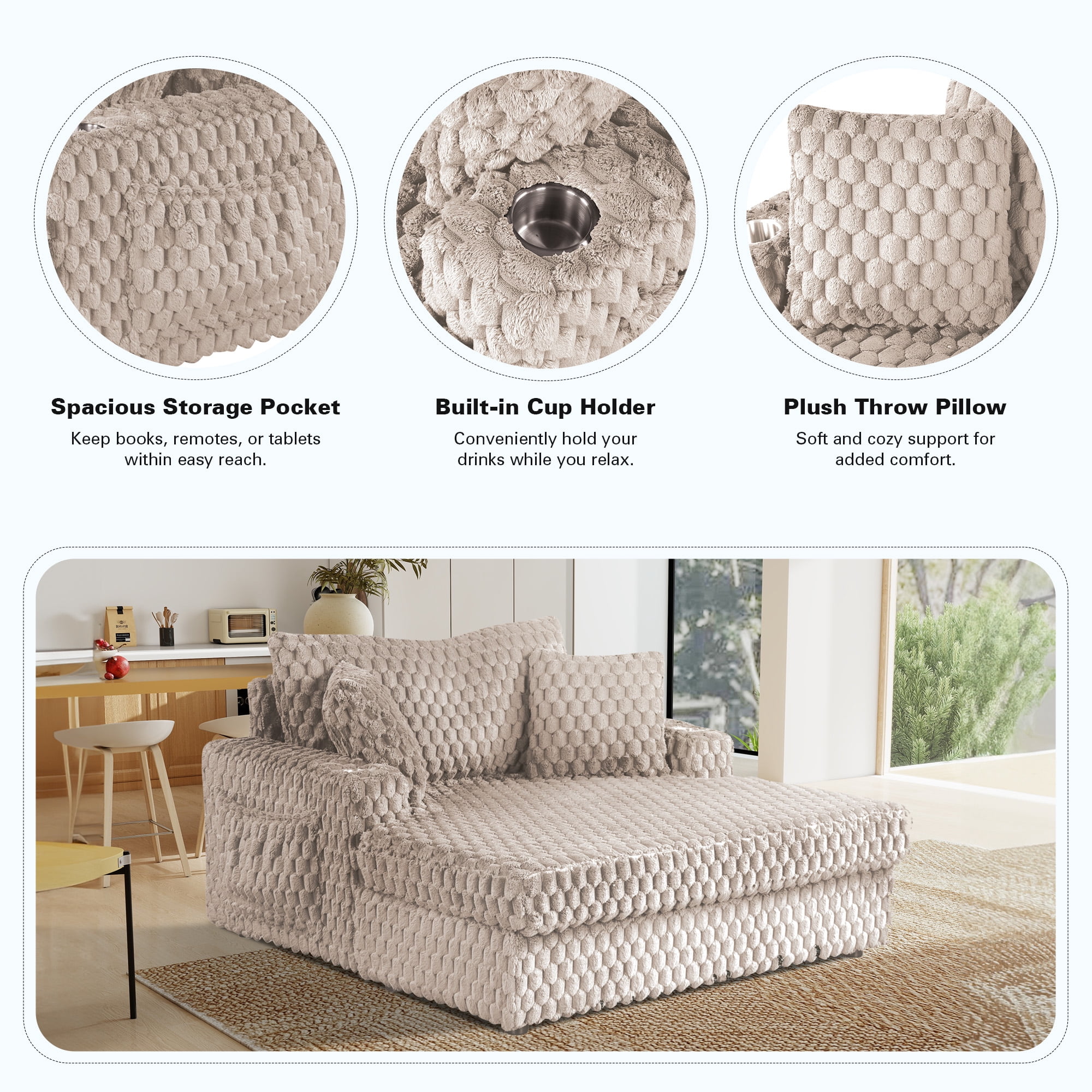 Aukfa 53"W Oversized Chaise Lounge Loveseat Sleeper Sofa with 2 Cup Holders, 3 Pillows, Fluffy Corduroy, Taupe