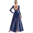 thumbnail image 3 of TiaoBug Women's Floral Lace Long Sleeve Lyrical Ballet Leotard Dress Flowy Mesh Modern Contemporary Dance Dress Navy Blue M, 3 of 7