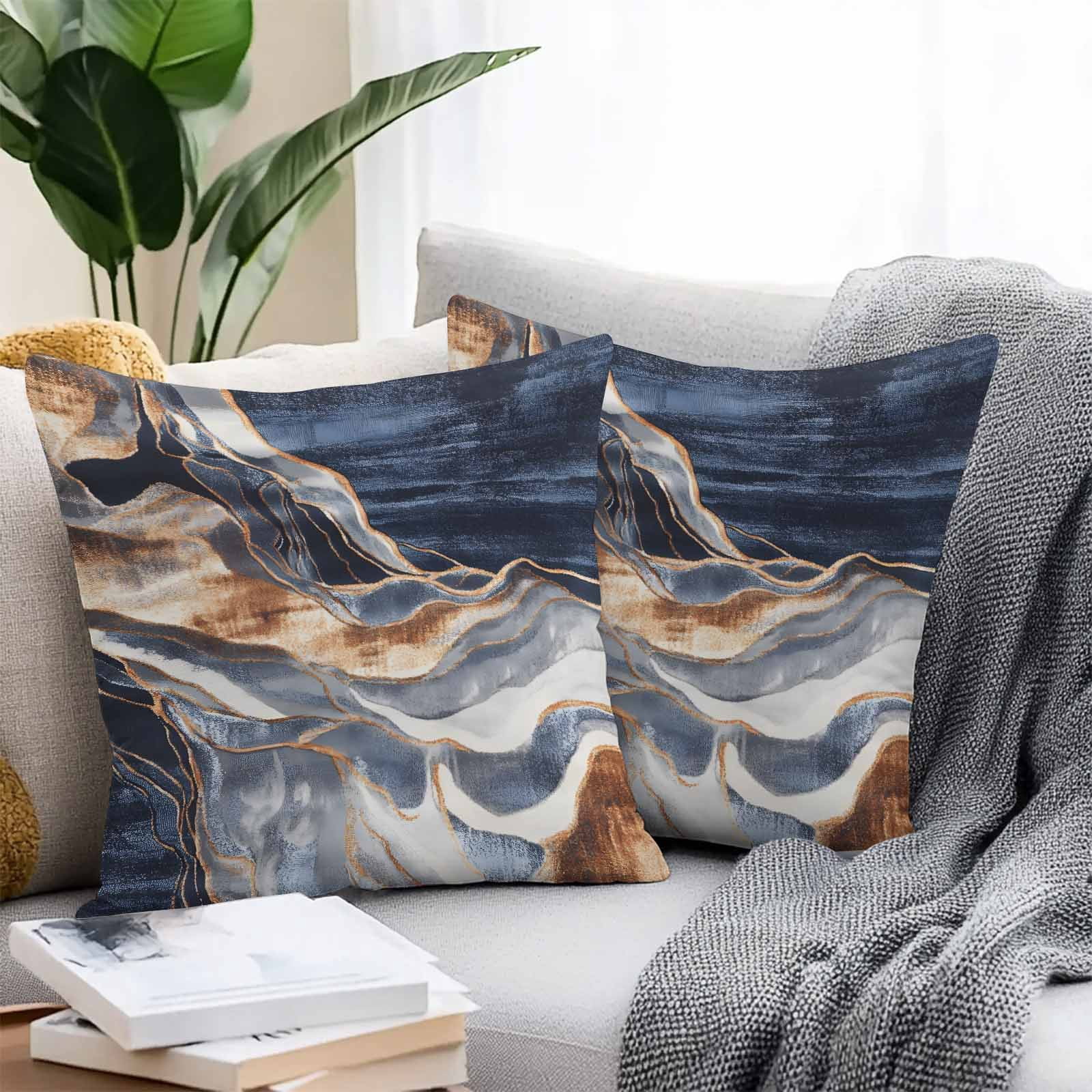 Outdoor Pillow Cover Abstract Blue Brown Wave Set of 2 Waterproof Throw Pillowcases Modern Art Decorative Patio Furniture Pillows for Couch Garden Indoor & Outdoor Use