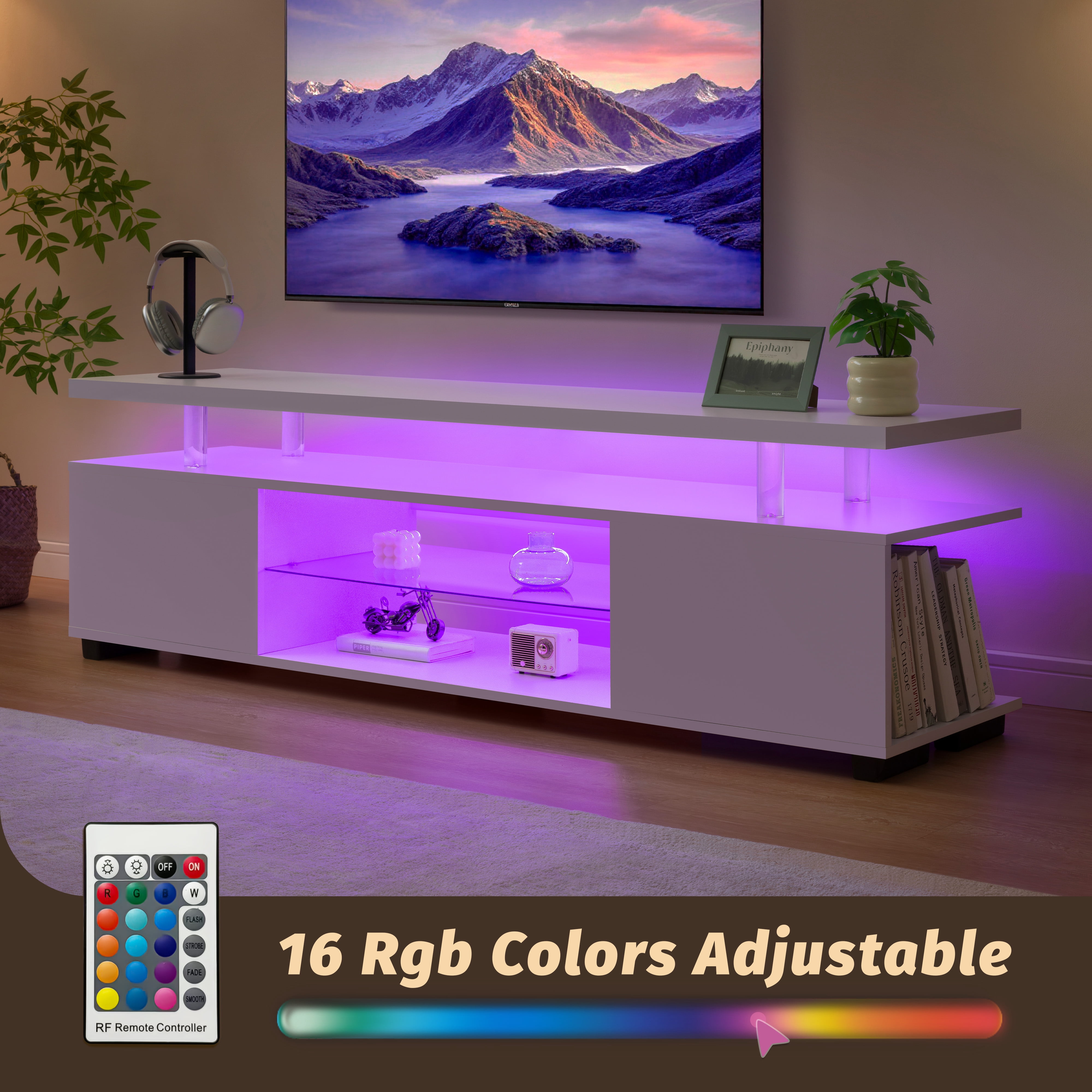 Cubehom LED TV Stand for 60 inch TV,  51'' Wood Entertainment Center with Storage, White