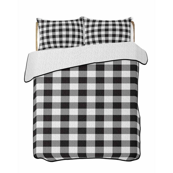 Black and White Checkered Summer Quilt Set Queen Size, Soft Microfiber Quilted Bedding Set with 2 Pillow Shams, Farmhouse Buffalo Plaid Lightweight All Season Bedspread Coverlet for Bedroom 90"x96"