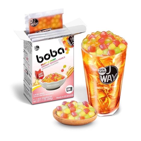 J WAY BOBA Authentic Instant Tapioca Boba Pearls for Milk Tea, Smoothies and Desserts, Tropical Fruit Flavor (Ready in Just 20 Seconds) - 4 Servings