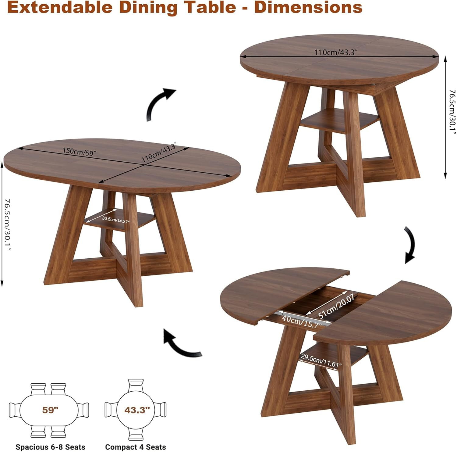 Extendable Dining Table for 4-6, Round Kitchen Table with Removable Leaves, Space Saving, Oval Dining Room Table with Storage Shelf for Kitchen Living Room (Walnut)