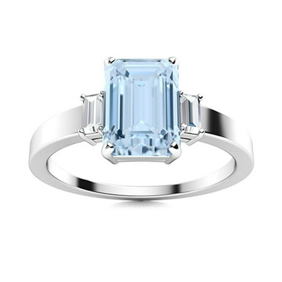 Mooneye 6X4mm Octagon Aquamarine 925 Sterling Silver Three Stone Women Valentines Day Gift Ring