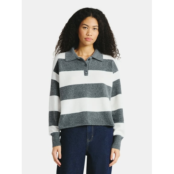 No Boundaries Button-Up Pullover Sweater with Long Sleeves, Midweight, Women's